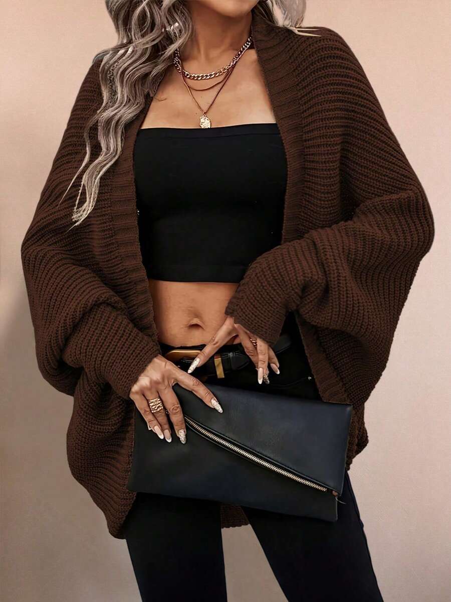 Áo khoác cardigan nữ kiểu dáng thanh lịch, chất liệu móc len, màu trơn, tay cánh dơi, thích hợp mặc hàng ngày và trong các dịp lễ, mùa đông. - Màu nâu Sô-cô-la - Xem 1