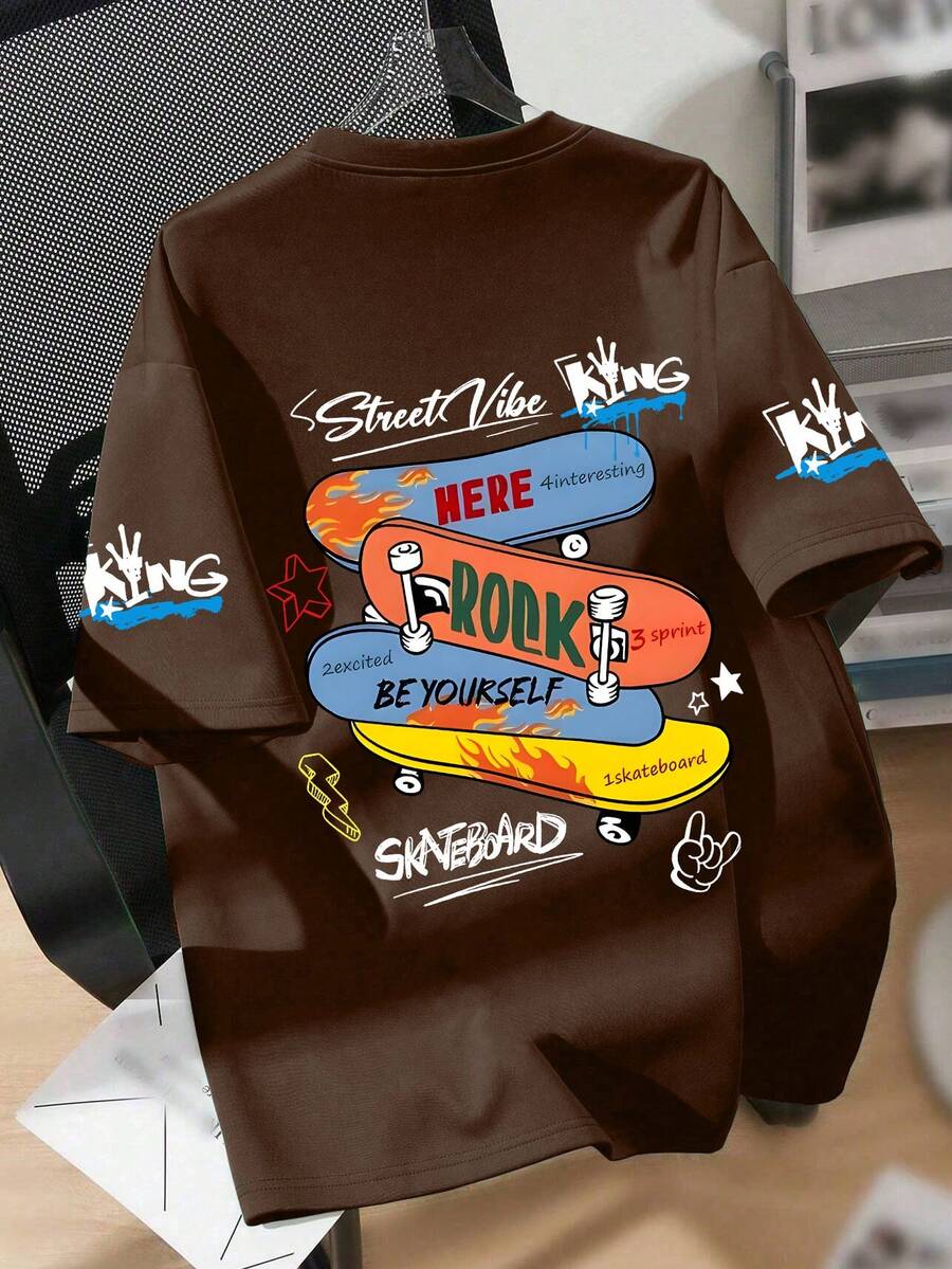 Teenage Boys' Skateboard Print Round Neck T-Shirt, Casual Soft Top For Summer - Brown - View 1