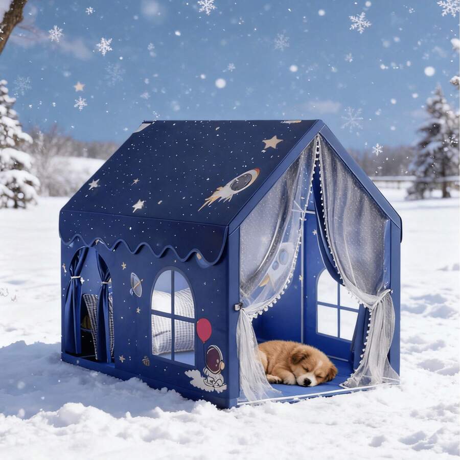 خيمة منزلية للحيوانات الأليفة ذات موضوع الفضاء للكلاب والقطط الكبيرة والمتوسطة الحجم، مأوى داخلي فسيح للحيوانات الأليفة مع بابين وشباك قابل للتهوية، بنمط جميل لرائد الفضاء والصاروخ، كهف أليف مريح يناسب أكثر من حيوان أليف