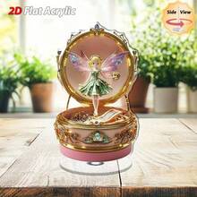 2D平面，1个优雅仙女音乐盒，带旋转底座 - 2D平面亚克力桌面摆件，金色饰面，柔和闪亮的旋律，精美的盒盖和仙女造型，适合家居/办公室展示、室内使用，营造梦幻夜晚氛围或作为实用装饰摆件，配有金色音乐盒和发光仙女，耐用的亚克力结构，适合各种房间