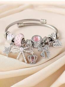 Elegant Princess Style Pink Butterfly Pendant Fully Rhinestoned High Heel Ballet Heart DIY Bangle, Suitable For Daily Wear, Festivals, Parties, Gifts