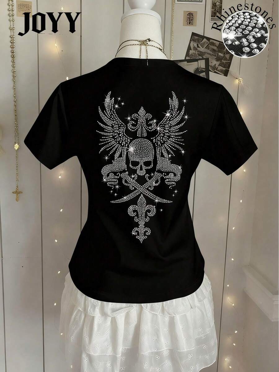 Camiseta de manga corta de cuello redondo con ajuste holgado, con elemento decorativo de calavera con alas y strass brillantes DEAR MOLLY, adecuada para reuniones al aire libre, fiestas, todas las estaciones - Negro - Ver 1