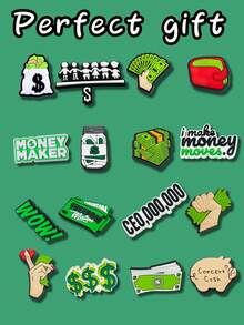 16 buc. Pandantive pentru pantofi DIY cu semnul dolarului, potrivite pentru brelocuri, sandale, genți de plajă etc., fabricate din material PVC, accesorii decorative de înaltă calitate, cadouri excelente pentru Crăciun, ziua de naștere, petrecere, vară, școală și multe altele - Temă dolar american - Vizualizare 3