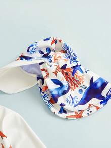 2Pcs Toddler Girls Boys Swimsuit Set Dolphin Print Stand Collar Long Sleeve Tops Shorts And Hat Rash Guard Swimwear