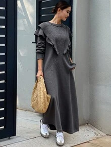 Livesso Women's Loose Straight Dress With Layered Ruffle Shoulder, Solid Color Casual Thickened Fleece Sweater Dress Maxi Dress - Grey - View 6