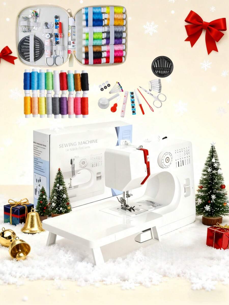 Máquina de coser multifuncional para el hogar de la UE, con 14 opciones de puntada, máquina de coser eléctrica portátil y mini, 2 ajustes de velocidad, con pedal, luz, bloqueo fácil del borde, costura de doble aguja y doble hilo, adecuada para manualidades DIY, coser ropa, cortinas, muñecas, costura diaria, apta tanto para principiantes como para usuarios experimentados, una gran opción como regalo