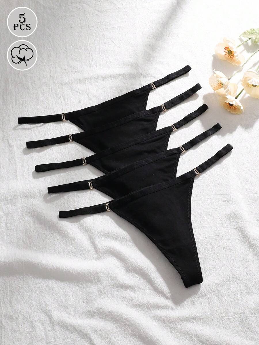 5 chiếc quần lót dây đen, đồ lót G-string gợi cảm dành cho nữ, kiểu bikini cạp thấp đính đá, lưng chữ T, không lộ nội y. - màu đen - Xem 1