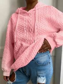 Sweatshirt Rajut Jacquard Warna Polos Kasual Longgar untuk Wanita Ukuran Plus, Cocok untuk Liburan Musim Semi - Merah Muda-1 - View 4