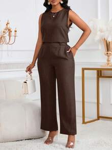 Bộ 2 món thời trang nữ thanh lịch, áo không tay và quần dài với túi xéo và chi tiết cúc, thích hợp cho mùa hè. - Nâu sẫm - Xem 3