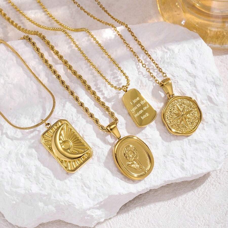 Necklace With A Geometric Moon Pendant In European And American Style, 18K Stainless Steel Collarbone Chain. - Gold -1 - View 1