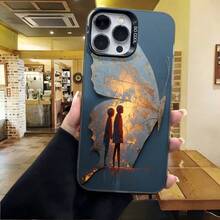 Cubierta de telefono con borde duro para iPhone 15 Pro Max Azul Oscuro con estampado de mariposa y silueta de pareja en atardecer Para uso diario en cafeterias y salones - Blanco - Ver 4