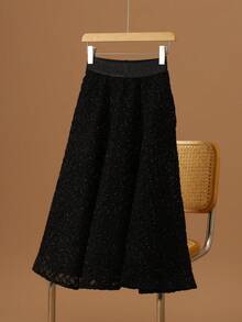 Falda acampanada de cintura alta elástica con estampado de cuadros brillante para mujer, ideal para otoño/invierno - Negro - Ver 2