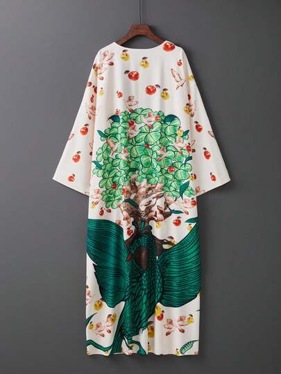 加大码复古波西米亚孔雀印花超长和服罩衫，宽松加大码罩衫，适合海滩度假比基尼泳装，夏季