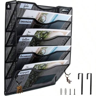 Wall File Organizer, Hanging File Folder Mail Organizer, Vertical Mesh Metal Door/Wall Mount Hanging File Holder, Paper Document Magazine Rack With Hooks Home Office Black 5 Tier
