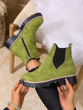 1双优雅纯色时尚侧拉链踝靴，适合四季户外穿着