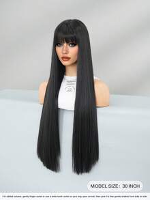 Elegant-30 Inch Black Wigs For Women, Long Straight Wigs With Bangs, High Quality Soft Synthetic Fiber Wigs For Women Daily Wear, Festival Ready Party Use, Perfect Gift - Beginners Glueless Wig Accessories - 黑色 - 查看 4