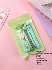 7件套卡通学习文具套装，包含可爱铅笔、橡皮擦、修正带和圆珠笔，适合学生办公使用，是返校季的理想礼物。