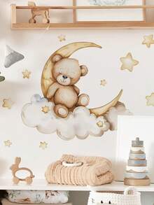 1 pieza Pegatina de pared para guardería con oso de dibujos animados durmiendo, estrellas, nube y luna, calcomanía de arte para guardería, jardín de infancia, habitación de niños, dormitorio, decoración del hogar, pegatinas de decoración de pared - Multicolor - Ver 2