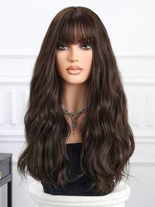 Perfect Natural Bend Wavy Long Curly Wig Synthetic Woven Chemical Fiber Wig With Bangs Perfect For Holiday Travel Family Gatherings Christmas Everyday Wear - Dark Brown - View 3