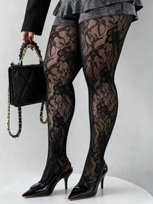 1 Pair Sexy Vintage Hollow Lace Floral Pattern Sheer Black Pantyhose For Women - Multicolor - View 2