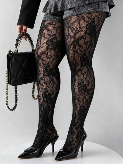 1 Pair Sexy Vintage Hollow Lace Floral Pattern Sheer Black Pantyhose For Women