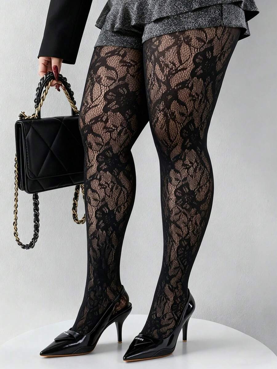 1 Pair Sexy Vintage Hollow Lace Floral Pattern Sheer Black Pantyhose For Women