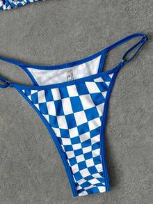 女士时尚格子印花优雅比基尼套装，性感吊带沙滩度假夏季装 - 藍色 - 查看 4