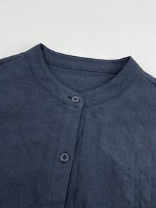 Women's Fashion Loose Casual Comfortable Solid Color Long Sleeve Shirt Spring - Navy Blue - View 8