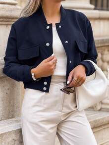 Apperloth A 女士短款飞行员夹克，翻盖口袋，纽扣前襟，轻便宽松棒球领外套