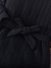 Girls Casual Solid Color Lace Mesh Sleeve Patchwork Dress + Matching Belt - Black - View 4