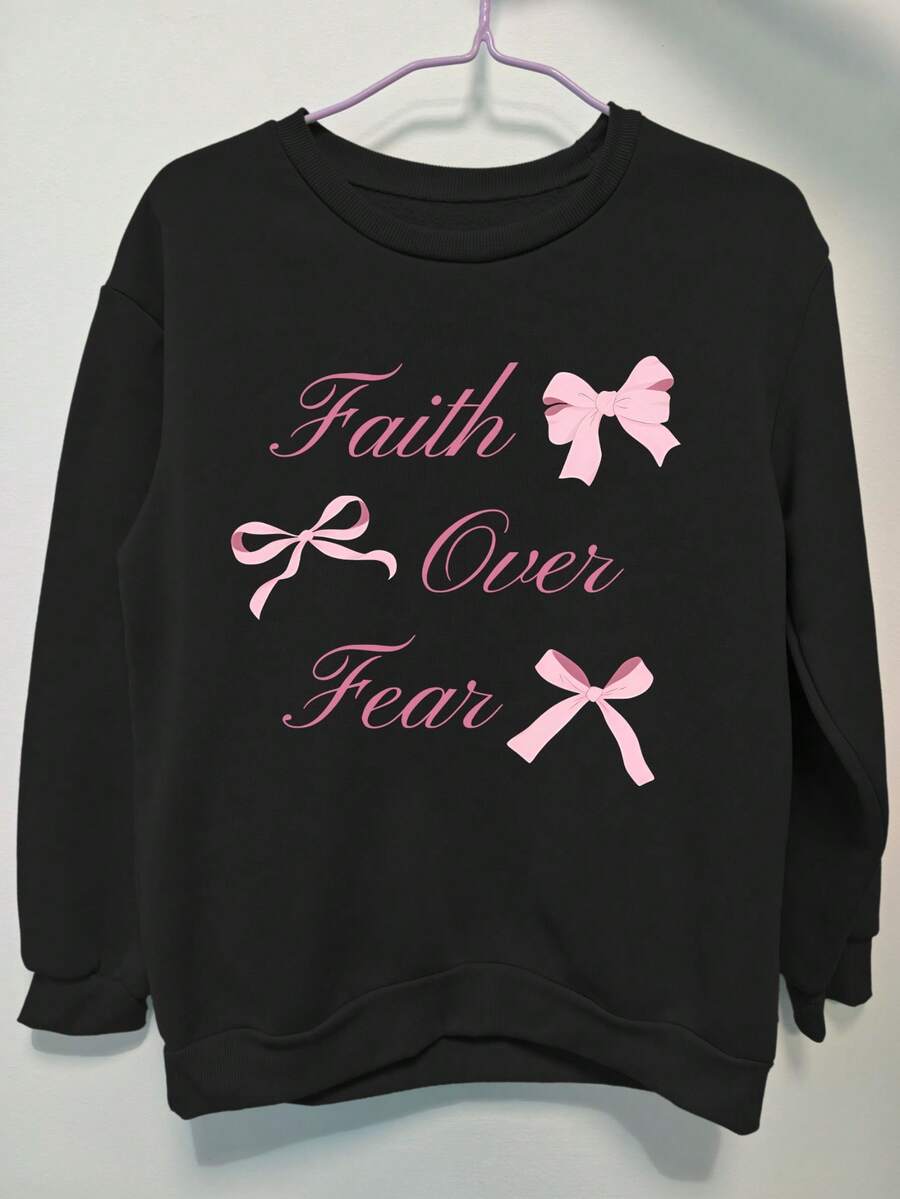 粉色蝴蝶结印花黑色运动衫，春季女士街头家居优雅柔和图案连帽衫，长袖圆领休闲上衣 - 黑色 - 查看 1