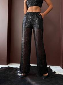 Women's 2 Pieces Sequin Party Set – Sparkly Spaghetti Strap Crop Top & High-Waisted Wide-Leg Sheer Sequin Pants - Black - View 4