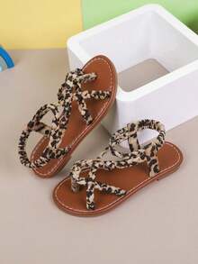 1 Pair Girls Leopard Print PU Non-Slip Round Toe Flat Casual Cute Princess Sandals, Suitable For Summer