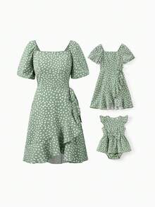 Mommy And Me Green Polka Dot Dresses Puff Sleeve Wrap Dress For Mom, Girl, And Baby, Ruffle Hem Family Matching Outfit - 綠色 - 查看 1