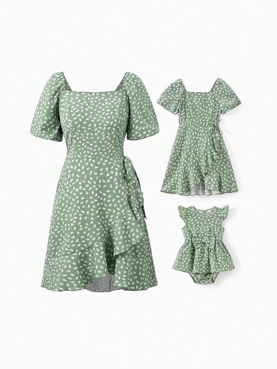 Mommy And Me Green Polka Dot Dresses Puff Sleeve Wrap Dress For Mom, Girl, And Baby, Ruffle Hem Family Matching Outfit - 綠色 - 查看 1