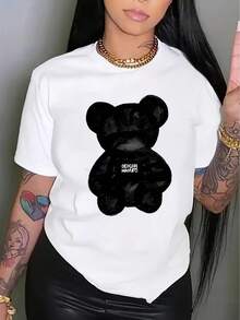 1pc Camiseta Casual de Cuello Redondo para Hombres y Mujeres con Lindo Estampado de Oso Negro, Poliéster 95% Spandex 5% Tejido de Punto, Estiramiento Medio, Todas las Estaciones - Blanco - Ver 1