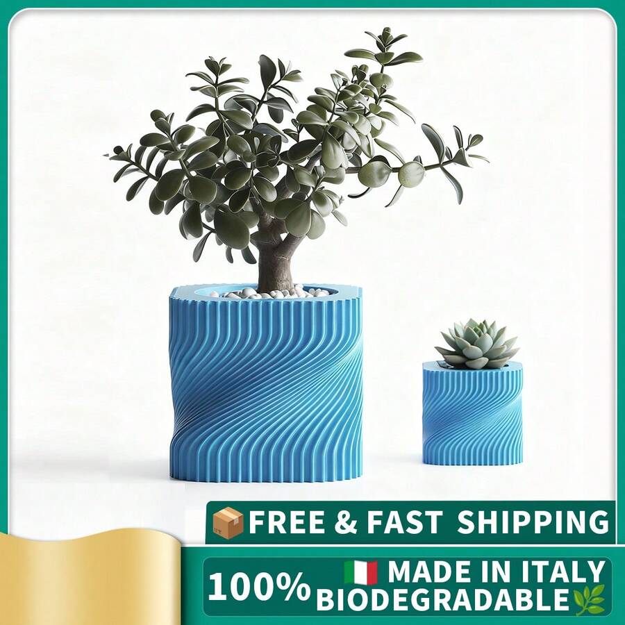 ORIZZONTE Modern Decorative Vase With Intertwined Spiral Structure – Dynamic Minimal Design For Plants, Cactus, Bonsai – Home/Office Gift Idea – Available In 2 Sizes – 100% Made In Italy, Shipping From Italy - Cyan - 查看 1