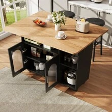 Kitchen Island, Modern Kitchen Island, Kitchen Cabinet, Serving Cart, Buffet Cabinet, Dining Cart With Wood Grain, Buffet Cabinet, Multifunctional Dining Table With Storage Space, Black - Black + Natural + Glass + MDF - View 12