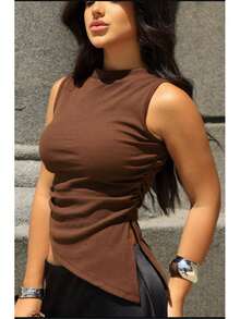 Women's Asymmetrical Ribbed Plain Blouse Summer 2025 | Sophisticated Casual Fashion Basic Look - 鏽棕色 - 查看 4