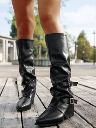 Fall/Winter Women's Pointed Toe Foldable Knee-High Boots, Vintage Casual Versatile Fashion Boots, Low Heel British Style Motorcycle Boots