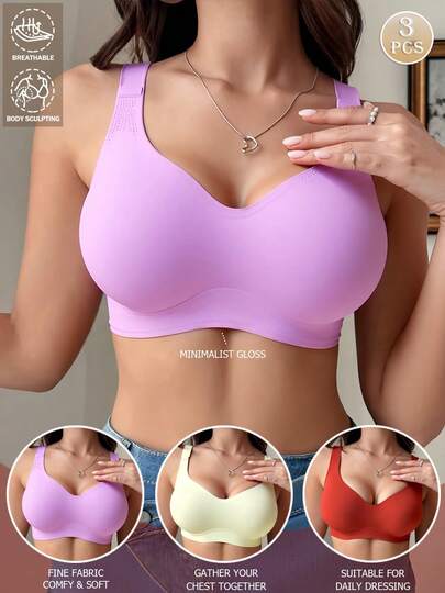 3pcs Casual Comfortable Minimalist Racerback Bras, High Elastic Knit Fabric Breathable Mature Elegant French Style Women's Undershirts, Wireless Relaxed Versatile Non-Sagging Bras