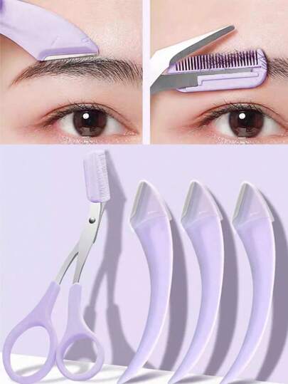 四件套修眉套装，包括不锈钢斜角修眉刀、带梳子的修眉剪、带梳子的弯月形修眉器，修眉工具，防刮剃刀，适合初学者修眉，修眉器，美容工具，适用于任何肤质，男女通用脱毛配件，化妆，价格实惠，房间装饰，梳妆台，旅行，卧室，化妆配件，修眉器