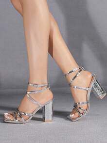 Giày cao gót mũi vuông màu bạc thời trang dự tiệc tối giản thoải mái đa năng cho nữ - Bạc - Xem 5