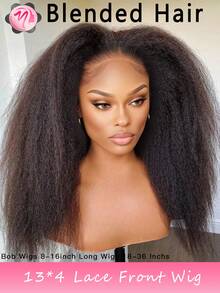 Glueless Wig Kinky Straight Blend Hair Lace Front Wigs 13x4 Transparent Lace Pre Cut Pre Plucked Invisible Knots Wear And Go Yaki Straight Wig For Women 180% Density Christmas Gifts All Season (Bob Wigs 8-16inch Long Wigs 18-36 Inchs) - Natural & Black - View 2