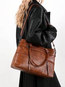 1pc Women's Solid Color Retro Handbag, Large Capacity Tote Bag With Multiple Zipper Pockets, Waterproof PU Dual Top Handle Portable Outdoor Casual Business Versatile Shoulder Bag, Stitched Anti-Theft Crossbody Bag - Brown - View 12