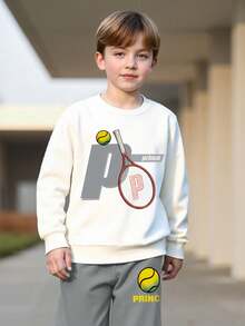 男童棒球印花长袖上衣和抽绳长裤两件套休闲运动卫衣裤套装，春/秋/冬 - 灰色 - 查看 5