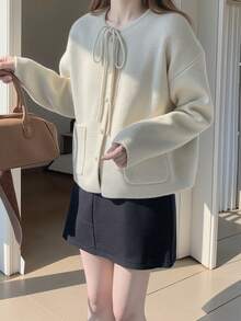 Alicedudu Damen Herbst & Winter Koreanischer Stil Schleife Dicke Loose Strick Cardigan Pullover - Beige - Übersicht 3