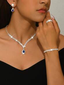 Bộ 3 món trang sức vòng cổ, hoa tai và vòng tay đính đá kim loại bạc, phụ kiện cưới cô dâu - 734783424-2 Bộ màu xanh hoàng gia - HB - Xem 5