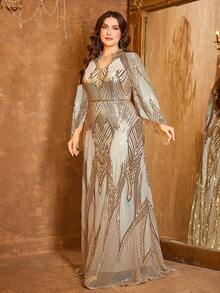 [随机剪裁] 优雅长款立领喇叭袖亮片拼接晚礼服