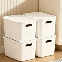 4-Piece Set Of Plastic Storage Bins With Lids, White Stackable Storage Baskets, Suitable For Shelves, Cabinets, Desks, Pantry, Bedroom, Books, And Toys - trắng - Xem 1
